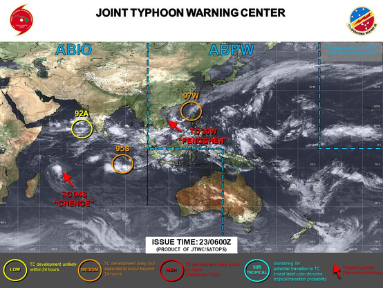 ABPW10 PGTW 230600
MSGID/GENADMIN/JOINT TYPHOON WRNCEN PEARL HARBOR HI//
SUBJ/SIGNIFICANT TROPICAL WEATHER ADVISORY FOR THE WESTERN AND SOUTH 
PACIFIC OCEANS/230600Z-240600ZOCT2025//
REF/A/MSG/JOINT TYPHOON WRNCEN PEARL HARBOR HI/230151ZOCT2025//
AMPN/REF A IS A TROPICAL CYCLONE WARNING.//
RMKS/
1. WESTERN NORTH PACIFIC AREA (180 TO MALAY PENINSULA):
   A. TROPICAL CYCLONE SUMMARY:
      (1) AT 23OCT25 0000Z, TROPICAL DEPRESSION 30W (FENGSHEN) WAS 
LOCATED NEAR 16.0N 108.6E, APPROXIMATELY 17 NM EAST OF DA NANG, 
VIETNAM, AND HAD TRACKED SOUTHWARD AT 05 KNOTS OVER THE PAST SIX 
HOURS. MAXIMUM SUSTAINED SURFACE WINDS WERE ESTIMATED AT 25 KNOTS 
GUSTING TO 35 KNOTS. SEE REF A (WTPN31 PGTW 230300) FOR THE FINAL 
WARNING ON THIS SYSTEM.
      (2) NO OTHER TROPICAL CYCLONES.
   B. TROPICAL DISTURBANCE SUMMARY:
      (1) THE AREA OF CONVECTION (INVEST 97W) PREVIOUSLY LOCATED NEAR 
22.9N 123.1E IS NOW LOCATED NEAR 20.0N 121.EE, APPROXIMATELY 106 NM 
NORTH-NORTHWEST OF APARRI, PHILIPPINES. MULTISPECTRAL SATELLITE 
IMAGERY (MSI) REVEALS A WELL DEFINED CIRCULATION WITH LOOSE 
CONVECTIVE BANDING OVER THE WESTERN SEMICIRCLE. A 230142Z ASCAT PASS 
REVEALED A VERY SMALL ROTATION OFF THE NORTHWEST TIP OF LUZON, 
HOWEVER THE EASTERN SIDE OF THE ROTATION WAS NOT CLOSED. WINDS WERE 
NEAR 30 KNOTS TO THE WEST, BUT WERE ASSESSED AS STRAIGHT LINE FLOW 
ASSOCIATED WITH A COLD