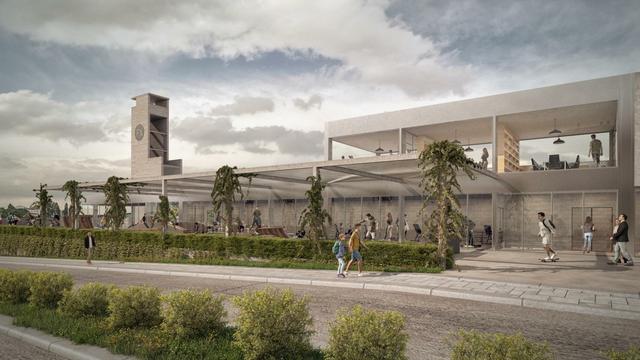 Render do projeto da Factoría Moza no que se ve um prédio alongado de dois andares com as paredes de cristal no que há um skate park no exterior, com gente a passear e fazer diversas atividades.