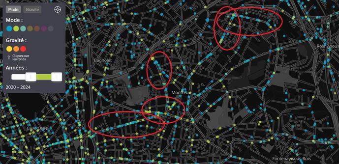 Cartographie des accidents de la circulation à Montreuil impliquant les plus vulnérables. Entourées en rouge les secteurs où ils sont surreprésentés