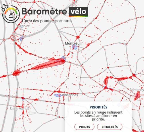 Extrait du dernier Baromètre vélo, la cartographie des points rouges indiquant les sites à améliorer
