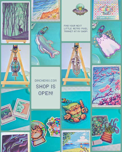 collage of different pixel art merch products designed by dinchenix, including keychains, postcards and stickers, the text reads "find your next little retro pixel trinket at my shop!" and "dinchenix.com - shop is open!"