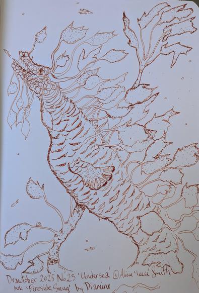 A massive seeming water dragon, its back festooned with camouflaging kelp like growths line art, drawn in reddish brown ink.