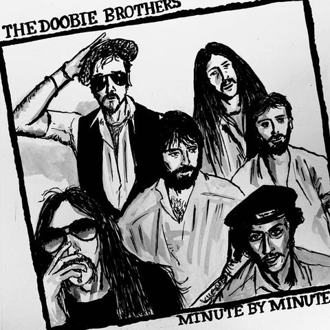 A black and white illustration of the band The Doobie Brothers. The members are depicted in a casual pose, with varying hairstyles and attire. Michael McDonald is in the middle, with medium length hair a beard and an oversized shirt. The title "Minute by Minute" is featured prominently at the bottom.