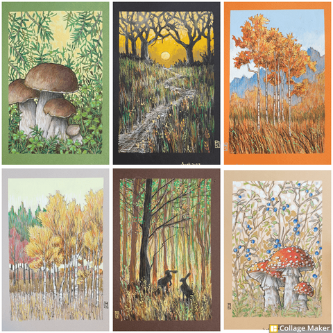 A photo collage of some of my autumnal artworks:
Porcini mushrooms, a spooky landscape at sunset, autumn trees on a bright day, a soft autumnal landscape with trees, a woodland landscape with hares, fly agaric mushrooms with berries.