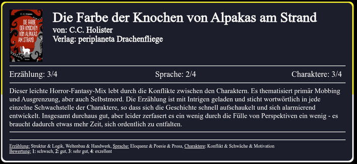 Dieser leichte Horror-Fantasy-Mix lebt durch die Konflikte zwischen den Charaktern. Es thematisiert primär Mobbing und Ausgrenzung, aber auch Selbstmord. Die Erzählung ist mit Intrigen geladen und sticht wortwörtlich in jede einzelne Schwachstelle der Charaktere, so dass sich die Geschichte schnell aufschaukelt und sich alarmierend entwickelt. Insgesamt durchaus gut, aber leider zerfasert es ein wenig durch die Fülle von Perspektiven ein wenig - es braucht dadurch etwas mehr Zeit, sich ordentlich zu entfalten.