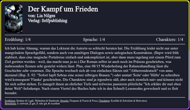 Ich hab keine Ahnung, warum das Lektorat die Autorin so schlecht beraten hat. Die Erzählung leidet nicht nur unter mangelndem Sprachgefühl, sondern auch von unnötigen Dialogen sowie unlogischen Konstrukten. (Bspw wird früh etabliert, dass eine magische Portalreise einfach und unkompliziert ist, aber dann muss tagelang mit einem Pferd zum Ziel geritten werden - weil, das macht man ja so.) Der Roman selbst ist auch noch im Präsens geschrieben, was insbesonders Szenen sehr gestelzt wirken lässt. Plus, eine 08/15 Wiederholung der Rahmenhandlung lässt die Geschichte sehr verarmen. Die Sprache wechselt sich ab von einfachen Sätzen mit "Altherrendeutsch" von anno dazumal (Bsp. S. 92: "Sofort lupft Sebras eine seiner silbrigen Brauen.") oder anstatt 'Seite' oder 'Hüfte' zu schreiben wird konsequent 'Flanke' geschrieben. Die Charaktere sind ja irgendwie süß, aber auch ziemlich naiv und können nicht für sich selbst stehen. Es mangelt ihnen an ehrlicher Tiefe und teilweise passieren plötzliche "Ich erkläre dir mal eben deine Welt"-Infodumps. Nach einem Viertel des Buches habe ich in den Schnell-Lesemodus gewechselt und es flott beendet.