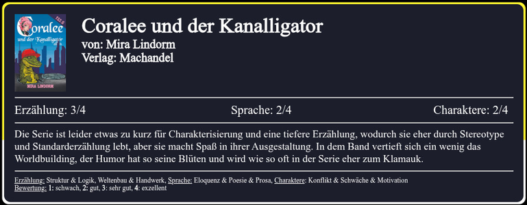 Die Serie ist leider etwas zu kurz für Charakterisierung und eine tiefere Erzählung, wodurch sie eher durch Stereotype und Standarderzählung lebt, aber sie macht Spaß in ihrer Ausgestaltung. In dem Band vertieft sich ein wenig das Worldbuilding, der Humor hat so seine Blüten und wird wie so oft in der Serie eher zum Klamauk.