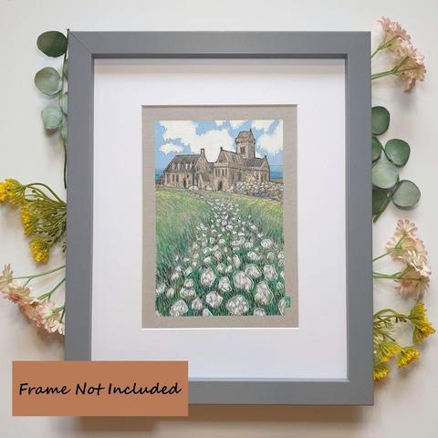 A small drawing of Iona Abby, Scotland. The drawing is on grey pastel paper. It measures 5 by 7 inches.
Iona Abbey is an abbey located on the island of Iona, just off the Isle of Mull on the West Coast of Scotland. It is one of the oldest Christian religious centres in Western Europe. The abbey was a focal point for the spread of Christianity throughout Scotland and marks the foundation of a monastic community by St. Columba.
An original art work, please note that the frame is not included.
Colour pencil and mixed media on acid free toned artist paper
5 by 7 inches (12.7 by 17.8 cm).