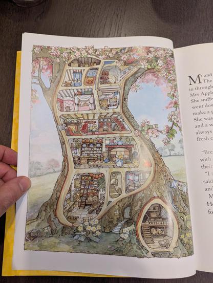 An illustration from the book "Spring Story". A cut-away of a mouse-home within a tree trunk: there are multiple cosy Edwardian-esque rooms over about six stories: pantries, kitchen with a big hearth, bedrooms, cellar, etc.