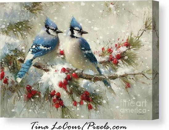 This is a canvas of a pair of pretty blue jay birds perched on some pine with red berries during a heavy winter snowfall.