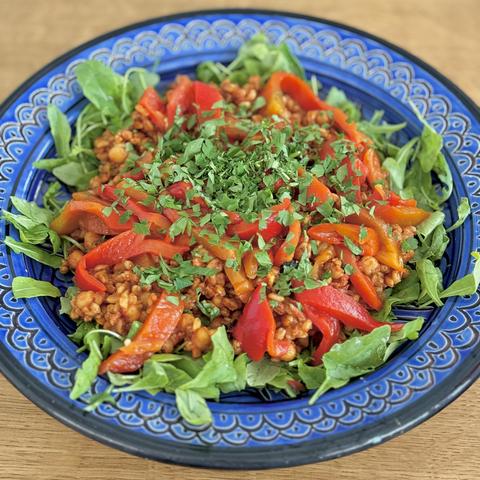 A close-up the salad bowl as described in the linked recipe.