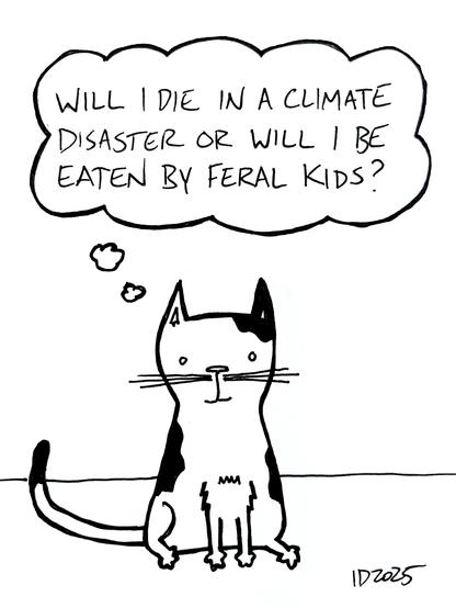 a cat with black spots sits and thinks "will i die in a climate disaster or will i be eaten by feral kids?"