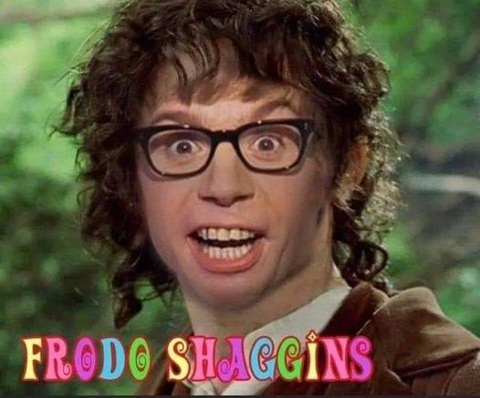 Still of Frodo Baggins from LOTR movies, with his face swapped with Austin Powers (in the 'british teeth' era.)
Label: Frodo Shaggins