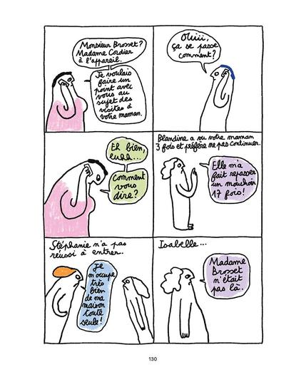 Extrait de la BD de Thomas Brosset 'Tous derrière et eux devant' (Flblb, 2025), page 130 (6 cases) : Madame Cordier appelle "Monsieur Brosset ? Madame Cordier à l'appareil. Je voulais faire un point avec vous au sujet des visites à votre maman." " ouiii ça se passe comment ?" " comment vous dire.... Blandine a vu votre maman 3 fois et préfère ne pas continuer' (on voit Blandine dire 'elle m'a fait repasser un mouchoir 17 fois!"), Stéphanie n'a pas réussi à entrer ' (on voit sa mère lui dire 'je m'occupe très bien de ma maison toute seule"), "Isabelle..." (on voit Isabelle dire 'Madame Brosset n'était pas là')