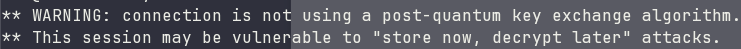 A screenshot of a terminal, with white text on a dark grey background saying:
** WARNING: connection is not using a post-quantum key exchange algorithm.
** This session may be vulnerable to "store now, decrypt later" attacks.