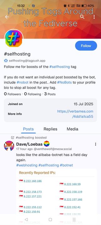 A screenshot of the account @selfhosting@tagpush.app