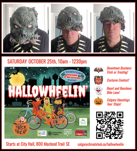 grotesque (yet cheap!) mask mounted on bike helmet + Event is Hallowheelin against a dark Calgary backdrop with folks in costumes on bikes, a trick or treat filled pumpkin, City of Calgary, Gasonics, Sustainable Calgary, Youth En Route & Hub logos. date is Saturday October 25th from 10am to 1230pm & location is City Hall, 800 Macleod Trail SE. date is Saturday October 25th from 10am to 1230pm & location is City Hall, 800 Macleod Trail SE
QR code with link to the webpage.