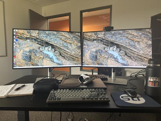 A workspace featuring two monitors displaying images of rocky terrain with leopards, a computer keyboard, a mouse, a notebook, a pen, a water bottle decorated with stickers, and a small electronic pouch. The background shows an office environment with an open door.