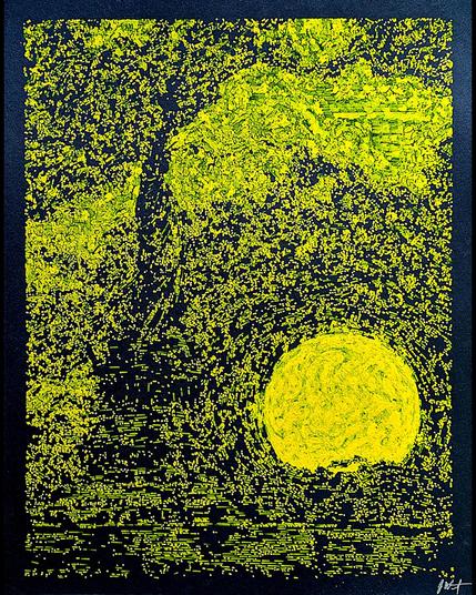 A luminous yellow sun radiates behind the iconic silhouette of the Statue of Liberty, plotted with yellow ink on black paper. The composition is built from flowing lines constructed via vector field mapping; the mechanical precision of the linear structure contrasts beautifully with organic pooling and speckled textures created by the dip pen's rhythmic refilling. Dense yellow ink saturates the sun's core with concentric circular motion, while the darker areas of sky and liberty's form show more scattered, constellation-like dispersal where the pen traveled through emptier regions of the field.