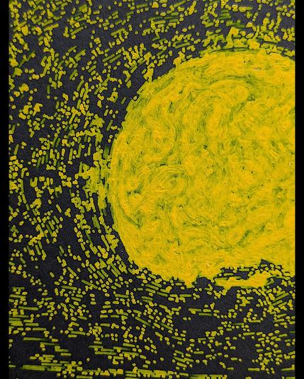 A luminous yellow sun radiates behind the iconic silhouette of the Statue of Liberty, plotted with yellow ink on black paper. The composition is built from flowing lines constructed via vector field mapping; the mechanical precision of the linear structure contrasts beautifully with organic pooling and speckled textures created by the dip pen's rhythmic refilling. Dense yellow ink saturates the sun's core with concentric circular motion, while the darker areas of sky and liberty's form show more scattered, constellation-like dispersal where the pen traveled through emptier regions of the field.