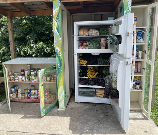 A free fridge and community pantry stand outside in the sun. Stocked with shelf stable food and fresh produce.