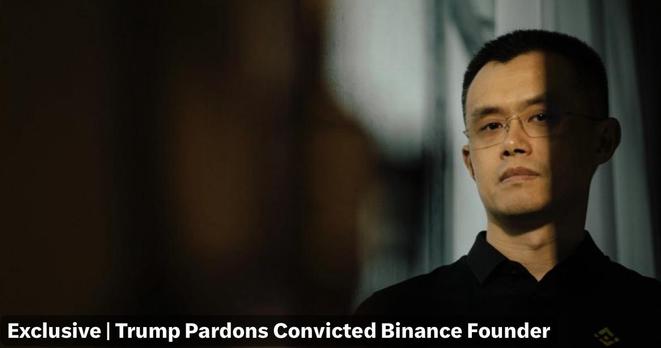 Pic of Justin Zhao. Text at the bottom indicates an exclusive story about a pardon involving the founder of Binance and former President Trump.