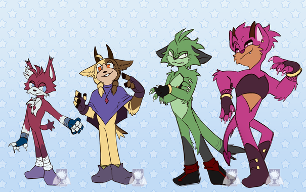 a set of four OC, drawn as mobians - aka. sonic the hedgehog style.
from left to right: Mitch,a red small sized lynx; Nat, a yellow with brown spots goat; Envy/Levi a green with grey spots cat; and Lust a bright pink goat-lion chimera.