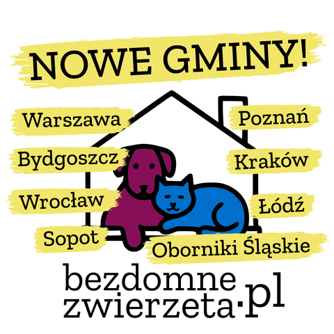 Grafika promocyjna serwisu bezdomne-zwierzeta.pl. Na górze duży napis NOWE GMINY!”. W centrum ilustracji znajduje się logo serwisu, czyli rysunek psa i kota siedzących razem w obrysie domu. Po lewej stronie wymienione są miasta: Warszawa, Bydgoszcz, Wrocław, Sopot. Po prawej stronie: Poznań, Kraków, Łódź, Oborniki Śląskie. Na dole znajduje się adres strony: bezdomne-zwierzeta.pl