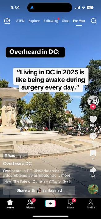 A TikTok screenshot with the text Overheard in DC: in a black box at the top center. Below it, in larger white text, is the quote: "Living in DC in 2025 is like being awake during surgery every day." The background is a sunny outdoor scene in Washington, D.C., featuring a stone fountain on the left with a statue, in a public square with trees and people in the distance. Small text for the app's navigation and controls is visible along the very top and bottom edges of the image.