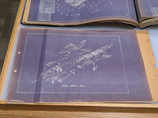 Blueprints of the Avro Arrow MK 2 prototype. (Submitted by Diefenbaker Canada Centre) "He kind of kept them hidden away in the basement for years when we were kids," said Barnes's son, Gord. "There was a corner of the basement with a workbench and we didn't go in that corner for many years."