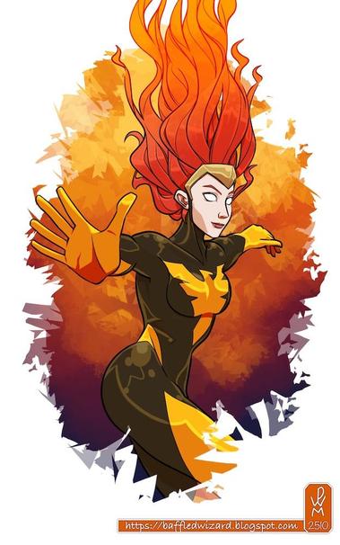 A drawing of Jean Grey of the X-Men comics, specifically in one of her Phoenix incarnations. Jean is a woman with long red hair, her eyes entirely white. She's dressed in a form-fitting black bodysuit with a triangular golden phoenix emblem on its chest, the forearms and legs also gold. She's floating in a a fiery void, her arms outstretched, her hair lifting into the air like flames.