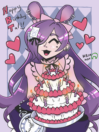 A rabbit girl wearing very lacy outfit, including a giant pocket watch in Alice in Wonderland vibes, holding a birthday cake. The corner says "Happy Birthday Tal!!"