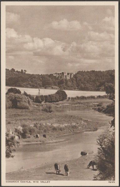 Printed sepia postcard showing a view of Goodrich Castle in Herefordshire.

Published by Photo Precision Ltd, St Albans, English Rose Series, No 4666, c.1950.

Postally unused.

Excellent condition, with minimal corner bumps.
