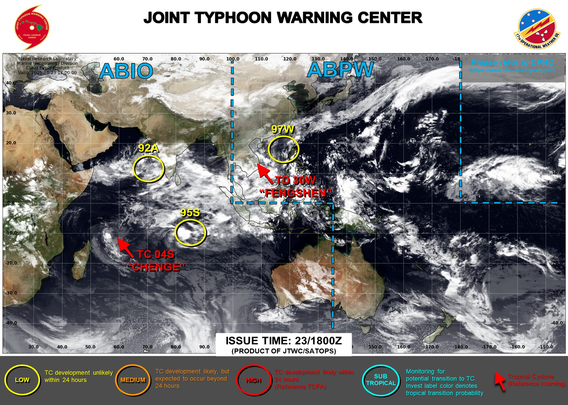 ABPW10 PGTW 231800
MSGID/GENADMIN/JOINT TYPHOON WRNCEN PEARL HARBOR HI//
SUBJ/SIGNIFICANT TROPICAL WEATHER ADVISORY FOR THE WESTERN AND SOUTH 
PACIFIC OCEANS REISSUED/231800Z-240600ZOCT2025//
REF/A/MSG/JOINT TYPHOON WRNCEN PEARL HARBOR HI/230151ZOCT2025//
AMPN/REF A IS A TROPICAL CYCLONE FINAL WARNING.//
RMKS/
1. WESTERN NORTH PACIFIC AREA (180 TO MALAY PENINSULA):
   A. TROPICAL CYCLONE SUMMARY:
      (1) AT 23OCT25 0000Z, TROPICAL DEPRESSION 30W (FENGSHEN) WAS 
LOCATED NEAR 16.0N 108.6E, APPROXIMATELY 17 NM EAST OF DA NANG, 
VIETNAM, AND HAD TRACKED SOUTHWARD AT 05 KNOTS OVER THE PAST SIX 
HOURS. MAXIMUM SUSTAINED SURFACE WINDS WERE ESTIMATED AT 25 KNOTS 
GUSTING TO 35 KNOTS. SEE REF A (WTPN31 PGTW 230300) FOR THE FINAL 
WARNING ON THIS SYSTEM.
      (2) NO OTHER TROPICAL CYCLONES.
   B. TROPICAL DISTURBANCE SUMMARY:
      (1) THE AREA OF CONVECTION (INVEST 97W) PREVIOUSLY LOCATED NEAR 
19.0N 119.7E IS NOW LOCATED NEAR 18.1N 118.8E, APPROXIMATELY 98 NM 
WEST-NORTHWEST OF VIGAN. MULTISPECTRAL SATELLITE IMAGERY (MSI) 
REVEALS A WELL-DEFINED CIRCULATION WITH LOOSE CONVECTIVE BANDING OVER 
THE WESTERN SEMICIRCLE. A 230142Z ASCAT PASS REVEALED A VERY SMALL 
ROTATION OFF THE NORTHWEST TIP OF LUZON, HOWEVER THE EASTERN SIDE OF 
THE ROTATION WAS NOT CLOSED. WINDS WERE NEAR 30 KNOTS TO THE WEST, 
BUT WERE ASSESSED AS STRAIGHT LINE FLOW ASSOCIATED WITH A COLD SU