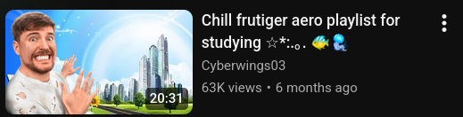 Screenshot of a video recommendation of a Frutiger Aero playlist, with the thumbnail being a futuristic city with glass buildings and a road with trees and grass at the sides, but Mr. Beast is at the foreground with a ragged shirt, raised eyebrows, and a somewhat surprised expression, his hands are raised against the background