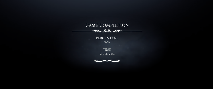 Silksong "Game Completion" Screen showing 97% completion and 75 hours 36 minutes 05 seconds completion time