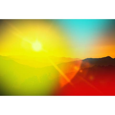 The cover of Fading Sunlight shows a brightly coloured landscape, with mountains (hills) and exaggerated colours (yellow, blue and red).