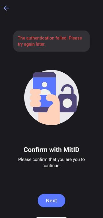 Screenshot fra MobilePay installationen der fejler efter MitID validering.