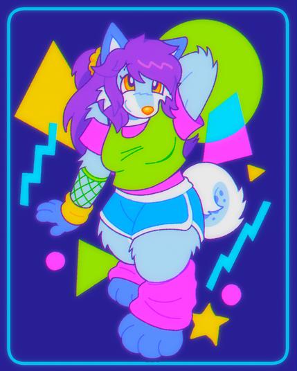 A blue anthropomorphic husky with long purple hair, gold eyes and a gold nose looking up, posed with her arm behind her head. She is wearing a multi-colored outfit including a green tank top, a pink undershirt, blue dolphin shorts, pink leg warmers, and a green fishnet sleeve and yellow sweatband on her right arm. She is smiling and looking upwards. The background is dark blue with various bright, glowing shapes surrounding her.