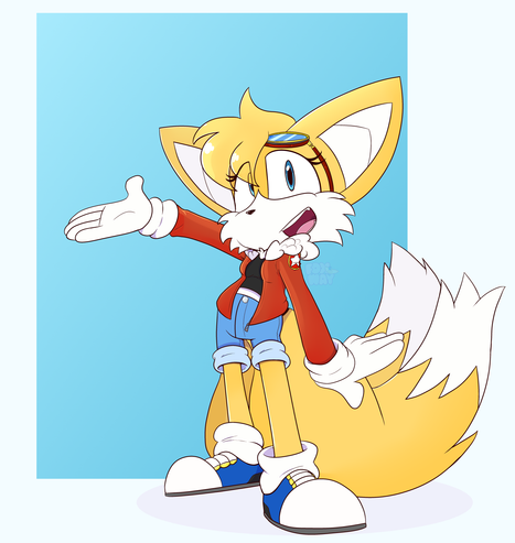 Tails from sonic the hedgehog as a girl, shown to have aged a little bit, she's wearing some shorts, a bomber jacket with a star patch on the shoulder, and some goggles, along with blue black and gold shoes.