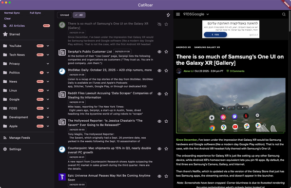 RSS reader window with an article opened on the right