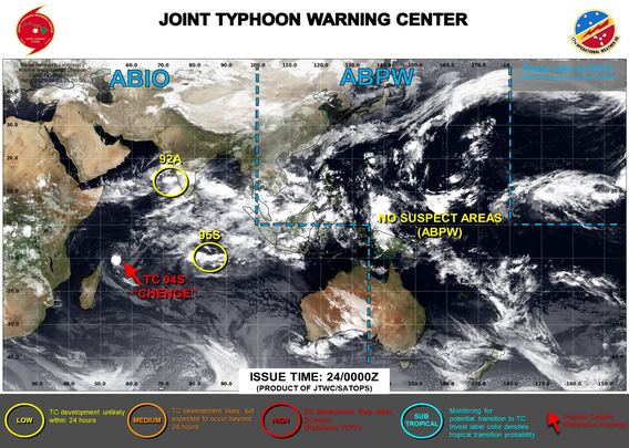 ABPW10 PGTW 240000
MSGID/GENADMIN/JOINT TYPHOON WRNCEN PEARL HARBOR HI//
SUBJ/SIGNIFICANT TROPICAL WEATHER ADVISORY FOR THE WESTERN AND SOUTH 
PACIFIC OCEANS/REISSUED/240000Z-250000ZOCT2025//
REF/A/MSG/JOINT TYPHOON WRNCEN PEARL HARBOR HI/230151ZOCT2025//
AMPN/REF A IS A TROPICAL CYCLONE FINAL WARNING.//
RMKS/
1. WESTERN NORTH PACIFIC AREA (180 TO MALAY PENINSULA):
   A. TROPICAL CYCLONE SUMMARY:
      (1) AT 23OCT25 0000Z, TROPICAL DEPRESSION 30W (FENGSHEN) WAS 
LOCATED NEAR 16.0N 108.6E, APPROXIMATELY 17 NM EAST OF DA NANG, 
VIETNAM, AND HAD TRACKED SOUTHWARD AT 05 KNOTS OVER THE PAST SIX 
HOURS. MAXIMUM SUSTAINED SURFACE WINDS WERE ESTIMATED AT 25 KNOTS 
GUSTING TO 35 KNOTS. SEE REF A (WTPN31 PGTW 230300) FOR THE FINAL 
WARNING ON THIS SYSTEM.
      (2) NO OTHER TROPICAL CYCLONES.
   B. TROPICAL DISTURBANCE SUMMARY:
      (1) THE AREA OF CONVECTION (INVEST 97W) PREVIOUSLY LOCATED NEAR 
18.1N 118.8E HAS DISSIPATED AND IS NO LONGER SUSPECT FOR THE 
DEVELOPMENT OF A SIGNIFICANT TROPICAL CYCLONE IN THE NEXT 24 HOURS.
      (2) NO OTHER SUSPECT AREAS.
   C. SUBTROPICAL SYSTEM SUMMARY: NONE.
2. SOUTH PACIFIC AREA (WEST COAST OF SOUTH AMERICA TO 135 EAST):
   A. TROPICAL CYCLONE SUMMARY: NONE.
   B. TROPICAL DISTURBANCE SUMMARY: NONE.
   C. SUBTROPICAL SYSTEM SUMMARY: NONE.
3. JUSTIFICATION FOR REISSUE: DISSIPATED AREA IN PARA 2.B.(1).//
NNNN