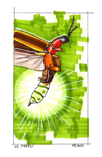 Drawing of a flying firefly insect with a strong glow coming from its abdomen.