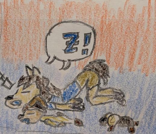 Color pencil drawing of Eli and Riju Norainu, father and daughter anthro OCs, napping in bed. Mr. Scruffles, a bantha plushie from Star Wars, naps beside them.