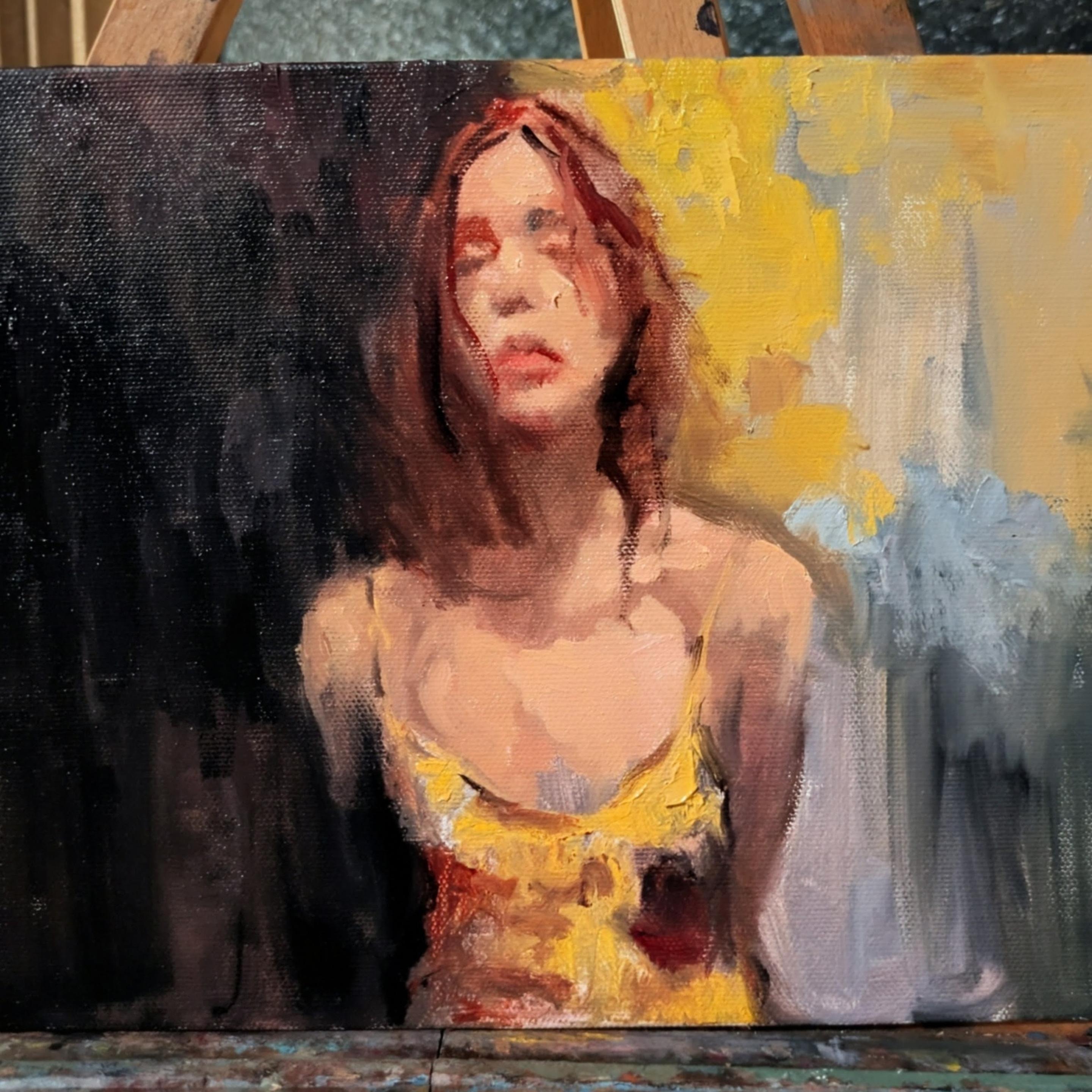 A woman in the middle third of the canvas is painted wearing a yellow chamomile each appears to be just a few strokes of paint, but therea a lot of subtlety to the form her arms disappear behind her and her face and hair are similarly simplified and edges lost to the background a bit A woman in the middle third of the canvas is painted wearing a yellow chamomile each appears to be just a few strokes of paint, but therea a lot of subtlety to the form her arms disappear behind her and her face and hair are similarly simplified and edges lost to the background a bit