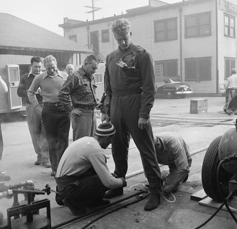 James Arness on location for The Thing from Another World, Los Angeles 1951