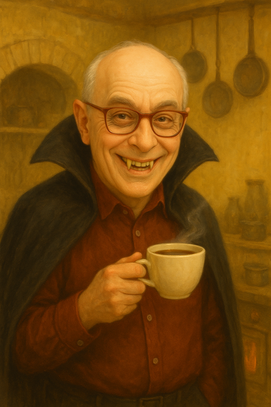 ich als Vampir mit Kaffeetasse in der Hand