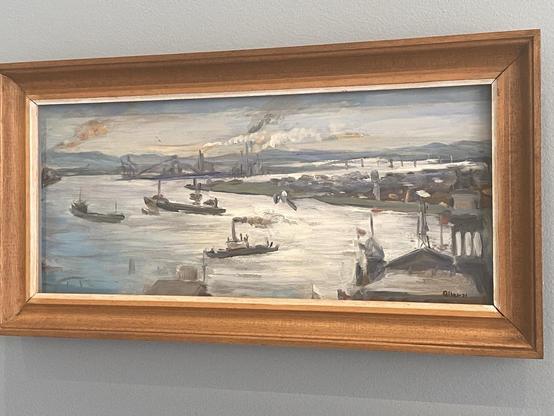 Painting of Newcastle Harbour - showing the beauty of a very industrial city. Shows the view when the BHP steelworks were still in operation with commercial vessels on the water which is shimmering with light.