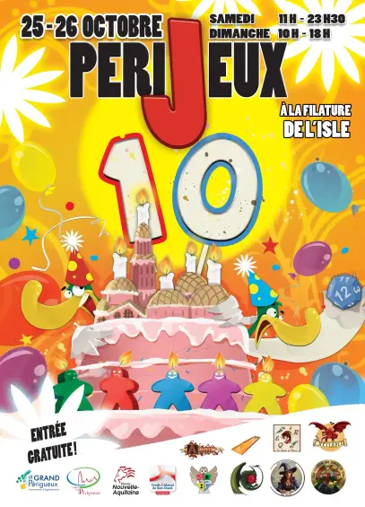 Affiche du salon du jeu Périjeux à Périgueux (24) avec un dessin représentant un gros gâteau avec des bougies, un gros "10" au-dessus et de la déco de jeux autour, le tout avec des couleurs flashies.