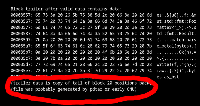 A screenshot of terminal output showing a hex dump of the final sector of a tar file, noting that it contains excess data. It points out that the excess data mirrors other data exactly 20 blocks back, and opines that this is likely a result of pdtar or early GNU tar.